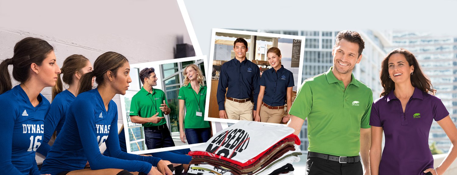 Collage featuring a variety of branded apparel and uniforms.