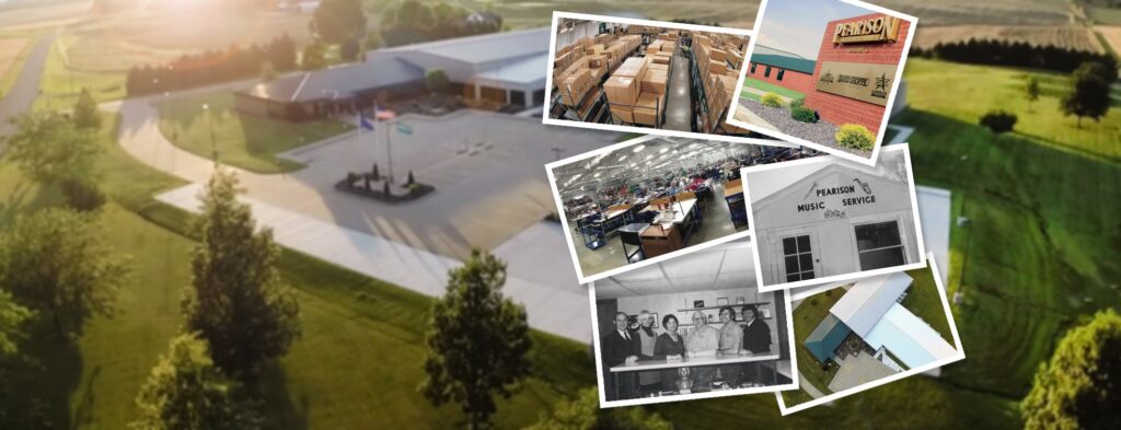 The main image features an aerial view of a large, modern facility with a surrounding green landscape. Smaller inset photos depict various stages of the company's history, including a warehouse filled with packed boxes, a busy production line, an old black-and-white photo of a group of people, and the original company signage reading 'Pearison Music Service.'
